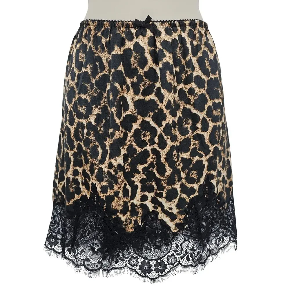 Topshop Womans size 10 Leopard Print Lace Hem Mini Satin Slip Skirt Black Brown